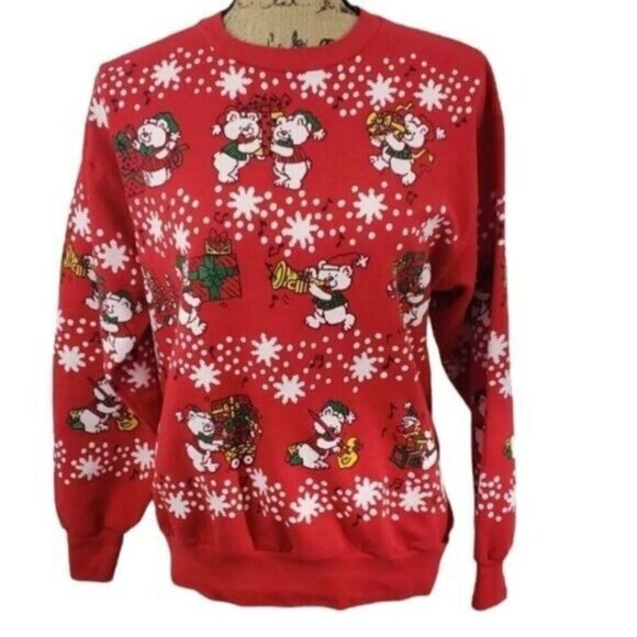 Vintage 80s 90s Kawaii Red Cute Teddy Bear Ugly Christmas Sweatshirt - Picture 3 of 10